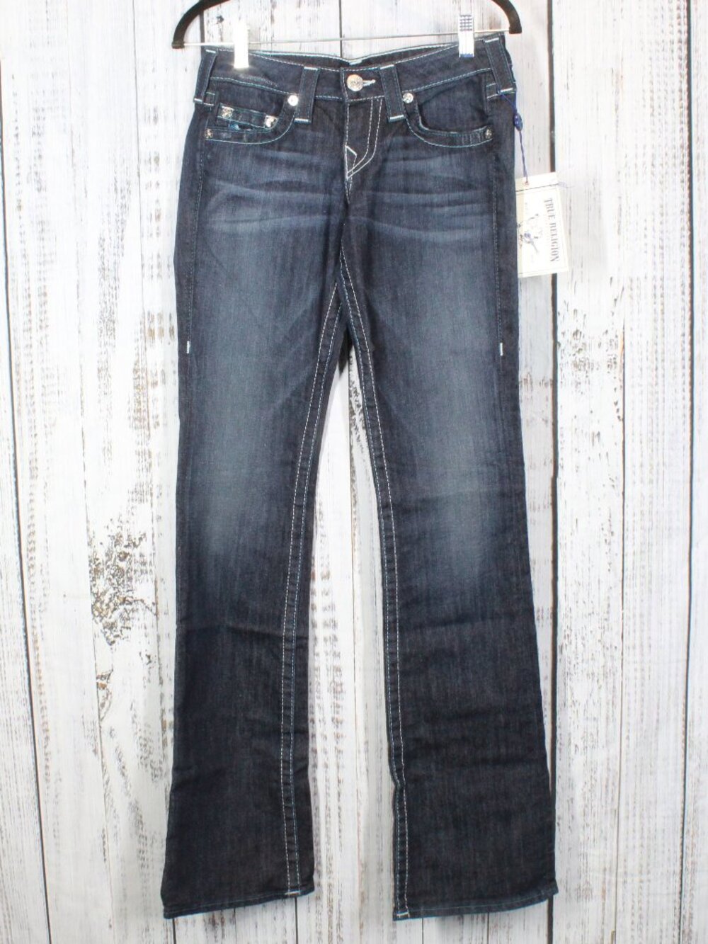 NWT True Religion Twisted Torn Bootcut Jeans Teal Timelapse Stitch Size 26 Y2K